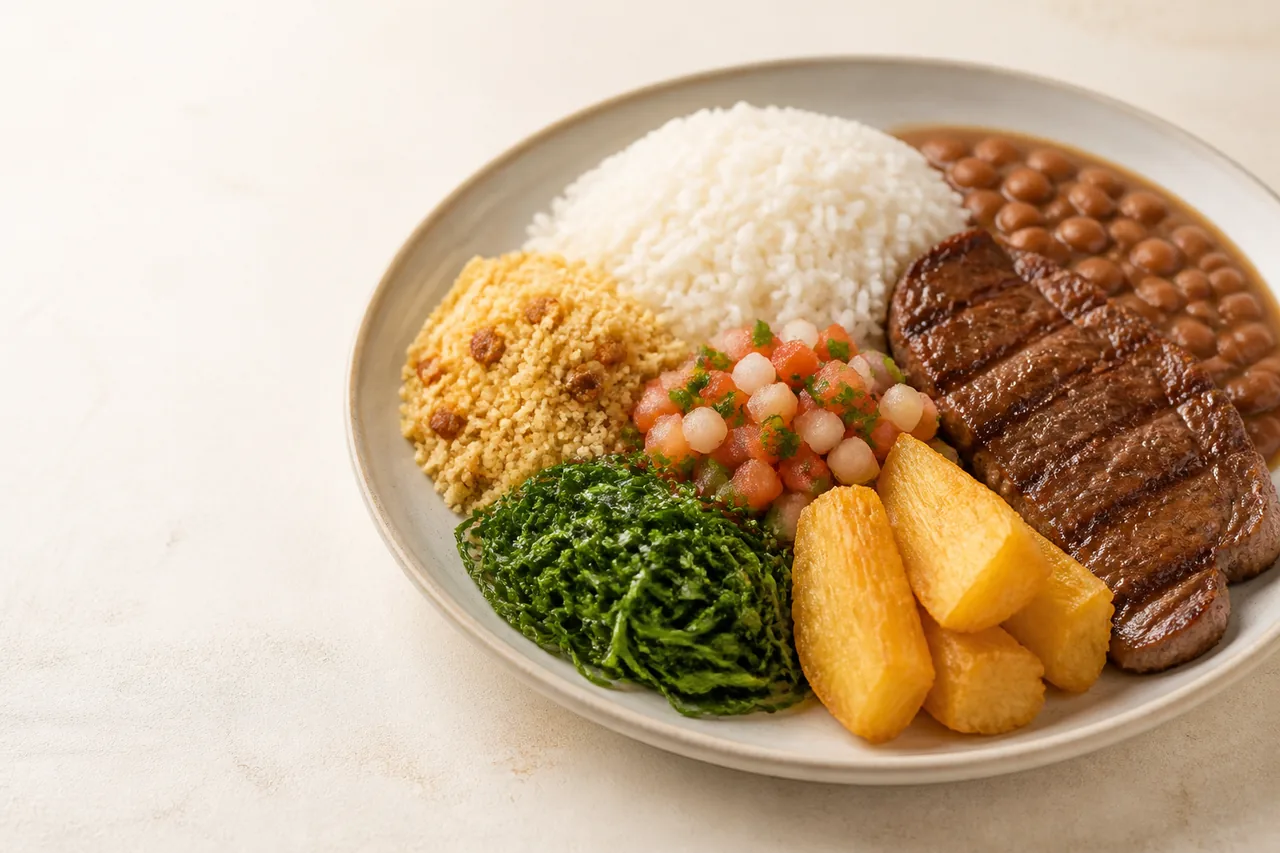 Prato de comida caseira com arroz, feijão, carne, mandioca, couve, farofa e vinagrete